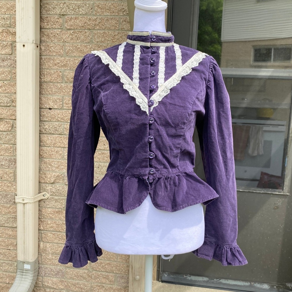 Vintage Corduroy Victorian Peplum Blouse Lace High Neck Ruffle Purple Western - Picture 2 of 4